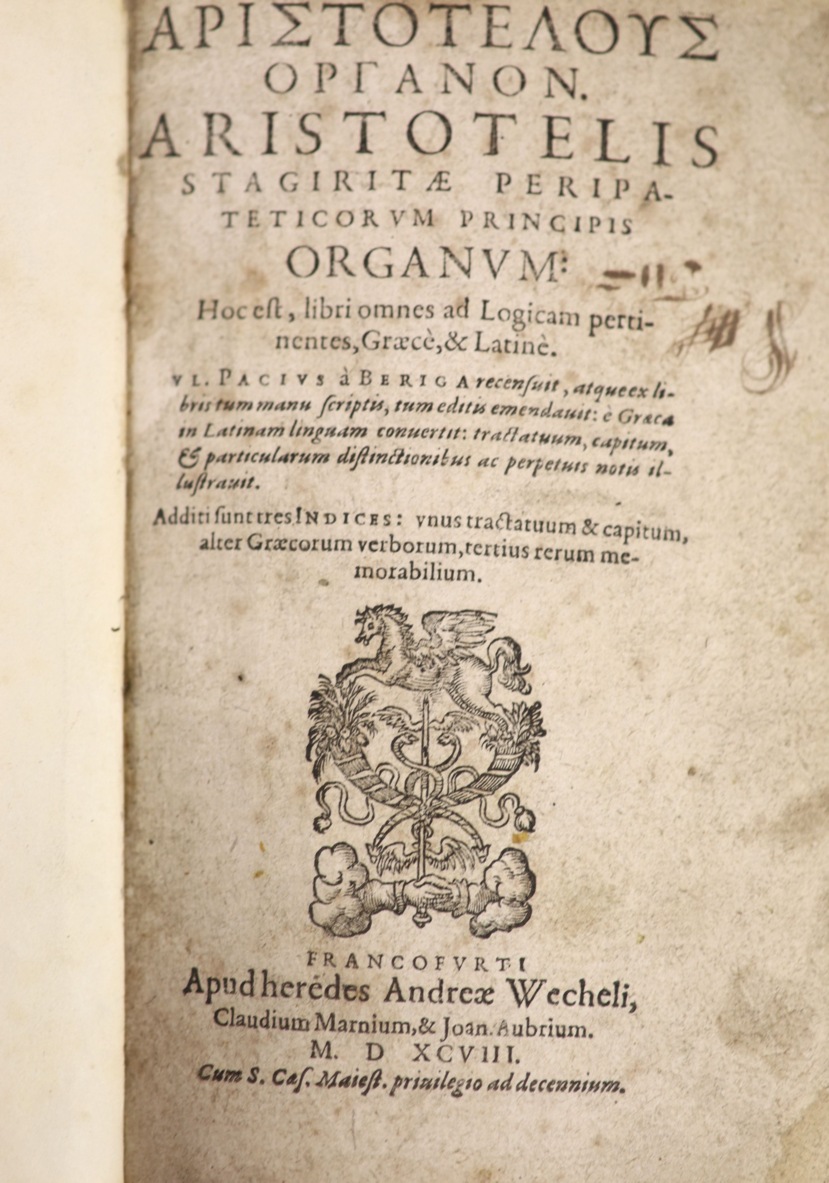 Aristotle. Stagiritae Peripateticorum Principis Organum ... (Part I only), engraved diagrams